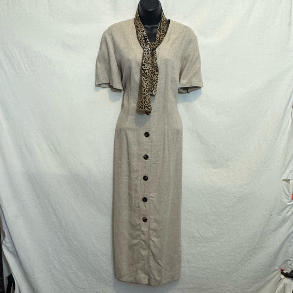 B-280 DJI Vintage Cream‎ & Animal Print Linen Blend Short Sleeve Maxi Dress